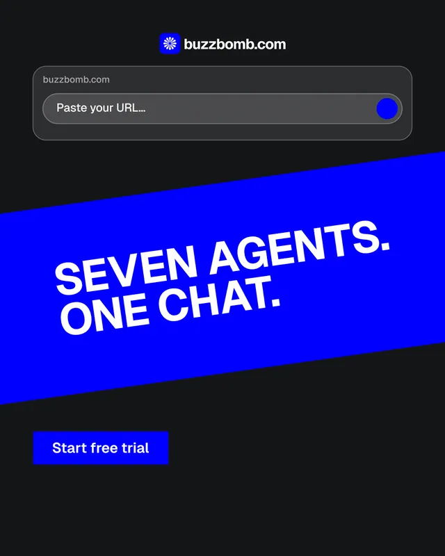Instagram portrait post for BuzzBomb: "Seven agents. One chat." Split block style, diagonal layout, dark palette in black, blue.