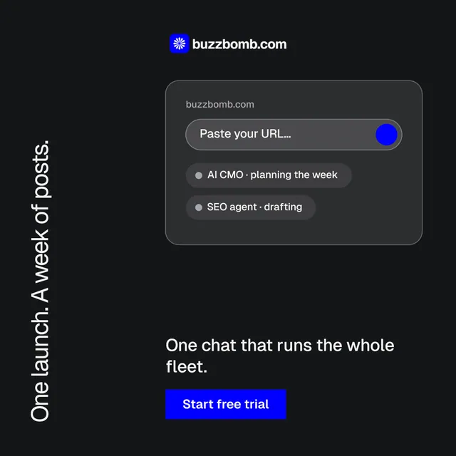 Instagram post for BuzzBomb: "One launch. A week of posts." Split block style, vertical layout, dark palette in black.
