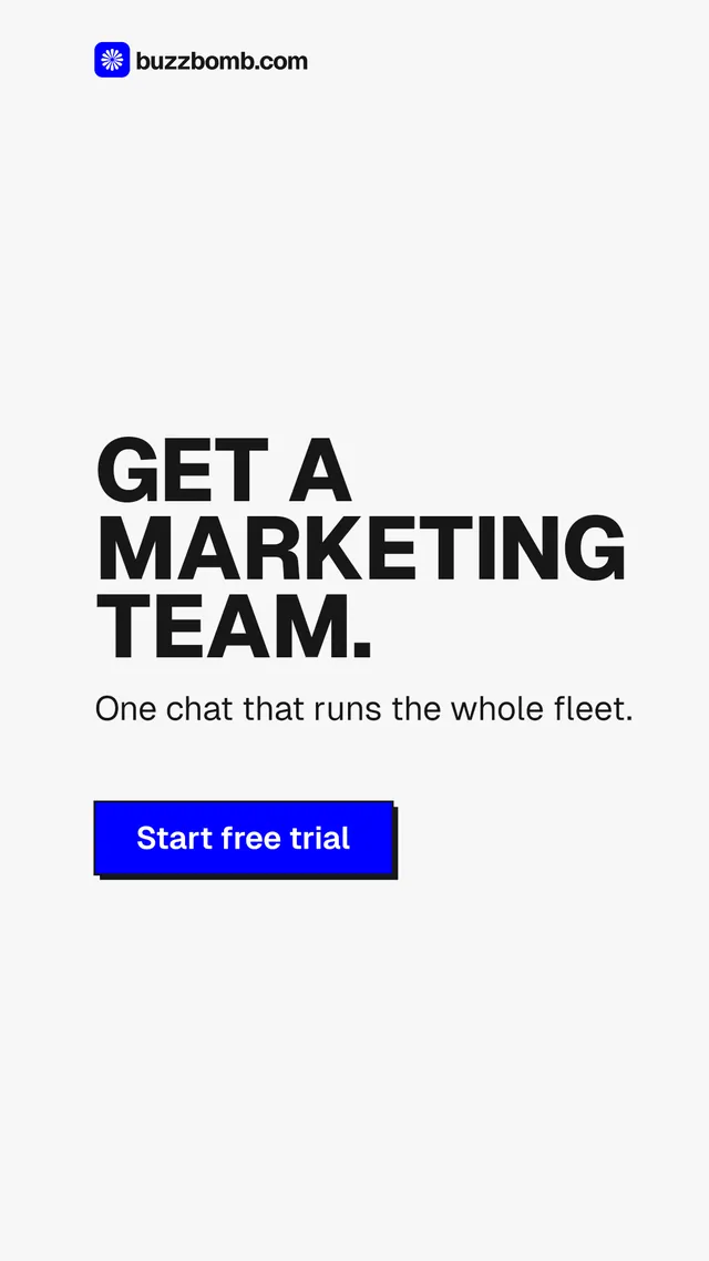 Instagram story for BuzzBomb: "Get a marketing team." Brutalist style, skeleton layout, light palette in white, blue.