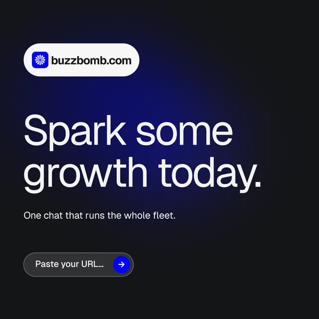 Instagram post for BuzzBomb: "Spark some growth today." Agentic glass style, announce layout, dark palette in black, blue, grey.