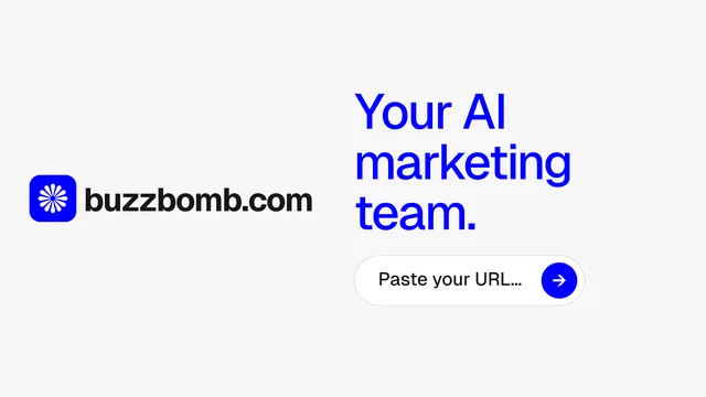 Landscape graphic for BuzzBomb: "Your AI marketing team." Agentic glass style, logo hero layout, light palette in white, blue.