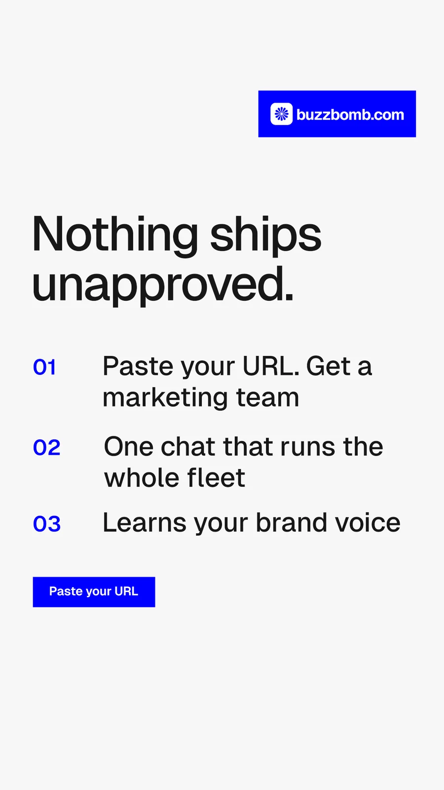Instagram story for BuzzBomb: "Nothing ships unapproved." Swiss style, numbered layout, light palette in white, blue.