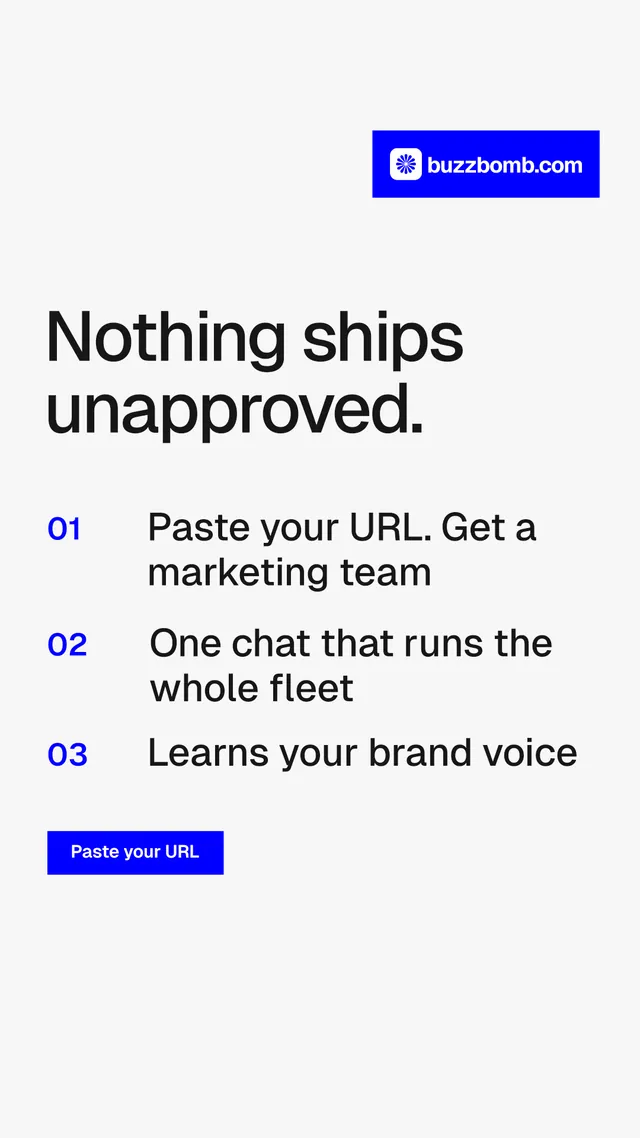 Instagram story for BuzzBomb: "Nothing ships unapproved." Swiss style, numbered layout, light palette in white, blue.