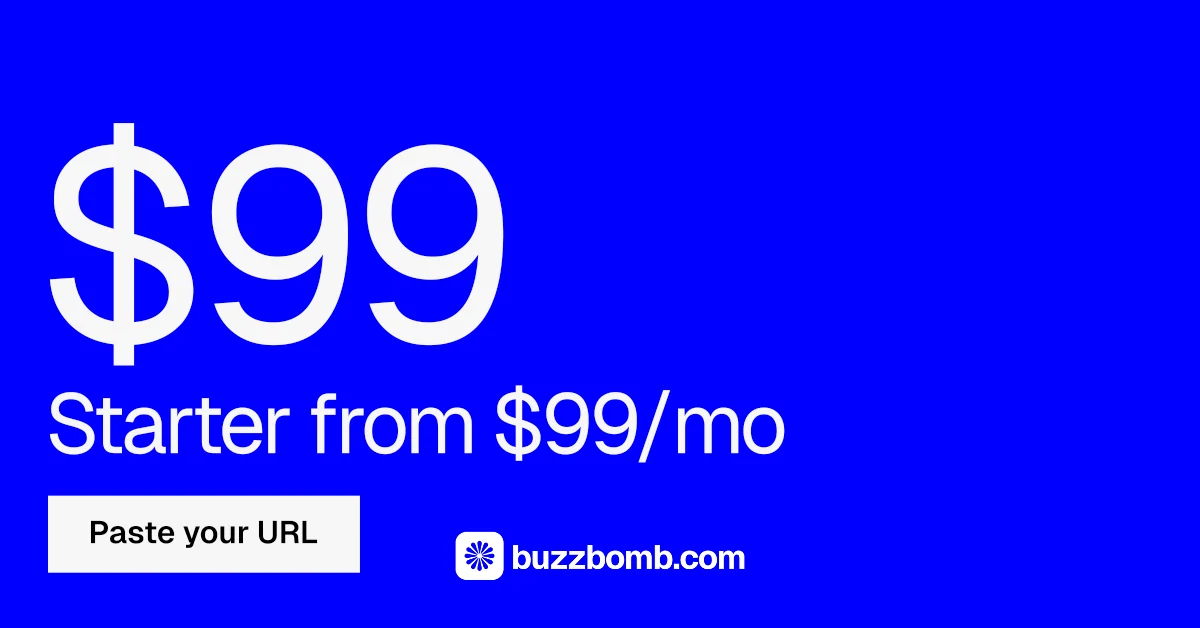 Social ad for BuzzBomb: "Paste your URL." Swiss style, stat layout, dark palette in blue, white.