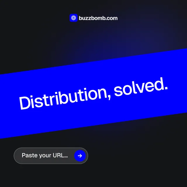 Instagram post for BuzzBomb: "Distribution, solved." Agentic glass style, diagonal layout, dark palette in black, blue.