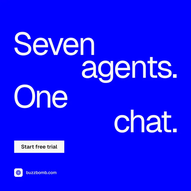 Instagram post for BuzzBomb: "Seven agents. One chat." Split block style, stacked layout, dark palette in blue.