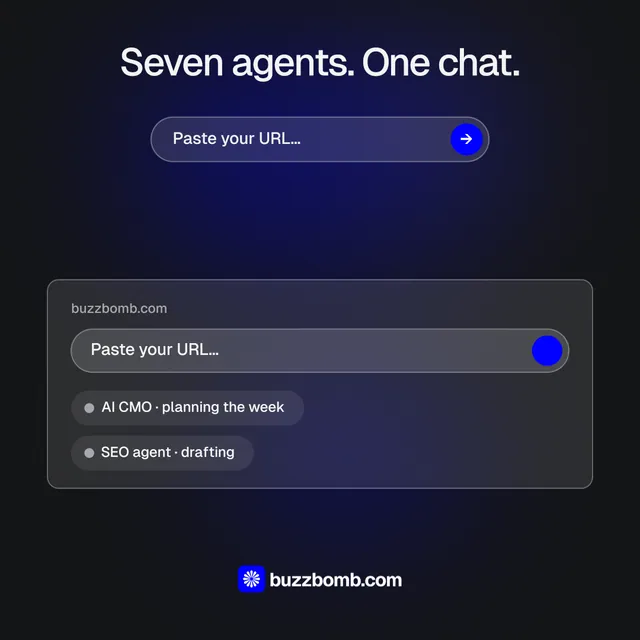 Instagram post for BuzzBomb: "Seven agents. One chat." Agentic glass style, skeleton layout, dark palette in black, blue, grey.