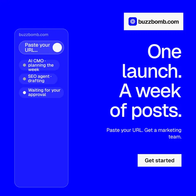 Instagram post for BuzzBomb: "One launch. A week of posts." Swiss style, right layout, dark palette in blue.