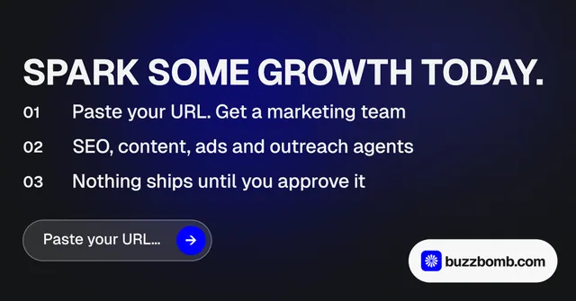 Social ad for BuzzBomb: "Spark some growth today." Agentic glass style, numbered layout, dark palette in black, blue, grey.