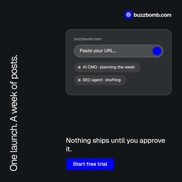 Instagram post for BuzzBomb: "One launch. A week of posts." Brutalist style, vertical layout, dark palette in black.