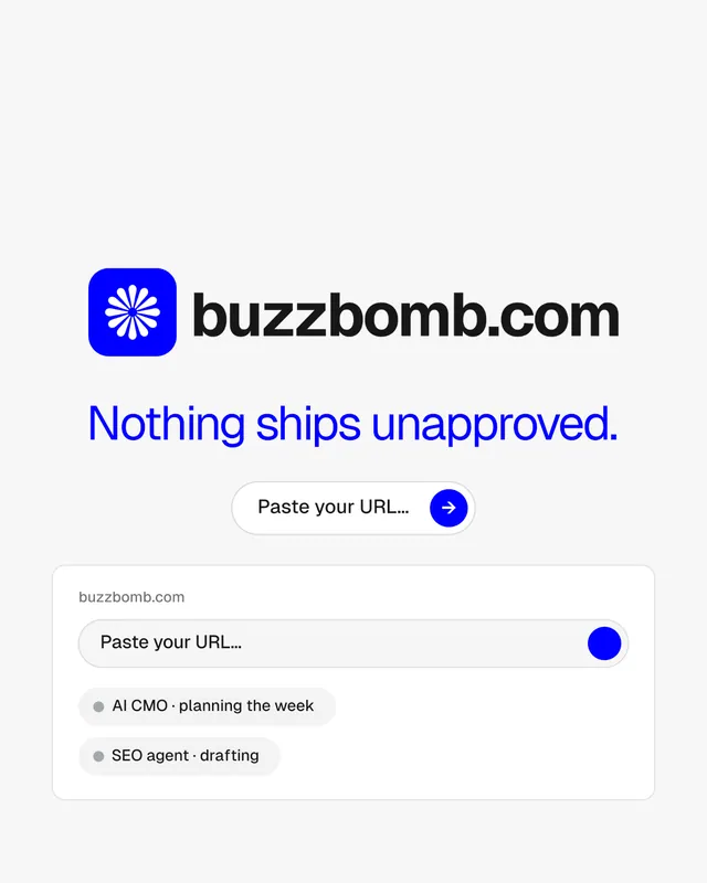 Instagram portrait post for BuzzBomb: "Nothing ships unapproved." Agentic glass style, logo hero layout, light palette in white, blue.