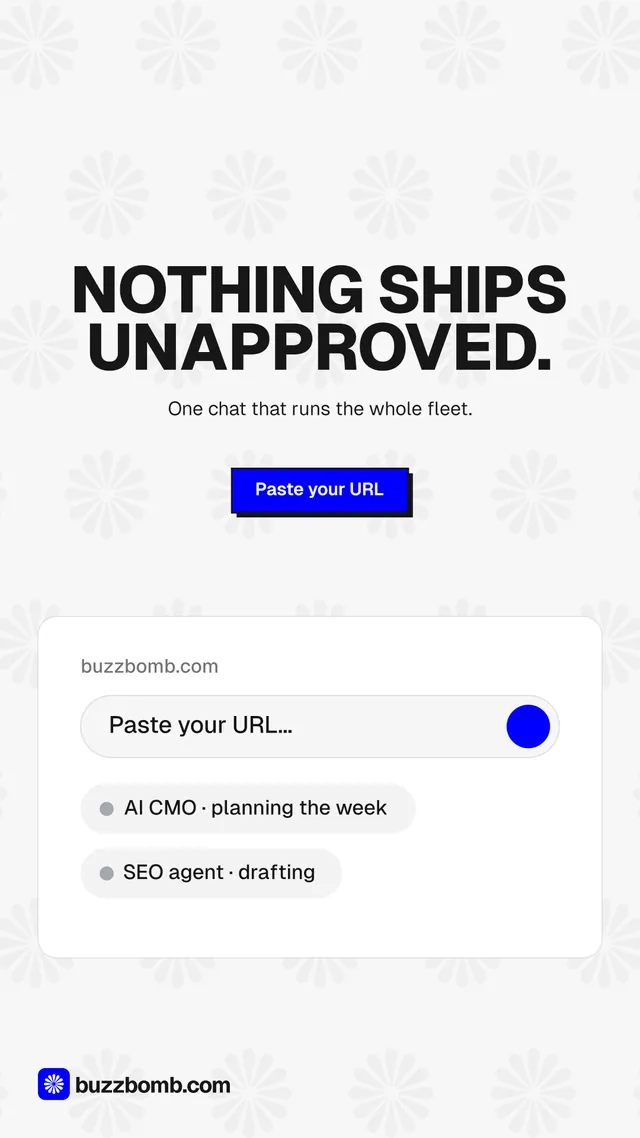 Instagram story for BuzzBomb: "Nothing ships unapproved." Brutalist style, centred layout, light palette in white, grey.