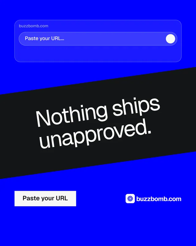 Instagram portrait post for BuzzBomb: "Nothing ships unapproved." Swiss style, diagonal layout, dark palette in blue, black.