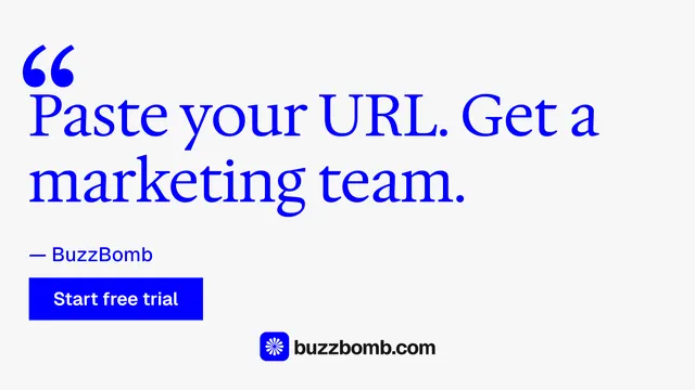 Landscape graphic for BuzzBomb: "Get a marketing team." Swiss style, quote layout, light palette in white, blue.