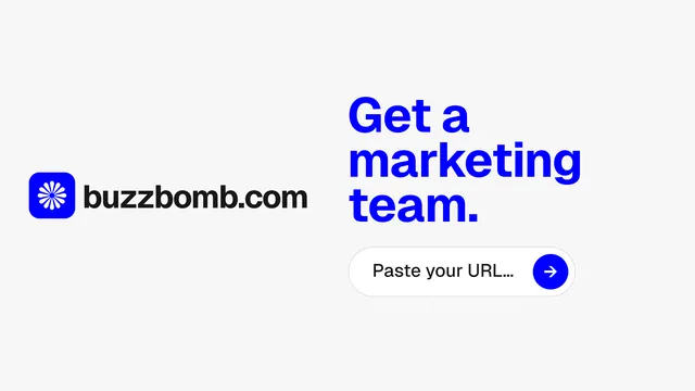 Landscape graphic for BuzzBomb: "Get a marketing team." Agentic glass style, logo hero layout, light palette in white, blue.