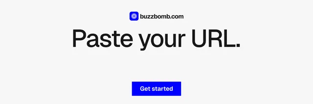 X header for BuzzBomb: "Paste your URL." Swiss style, centred layout, light palette in white.