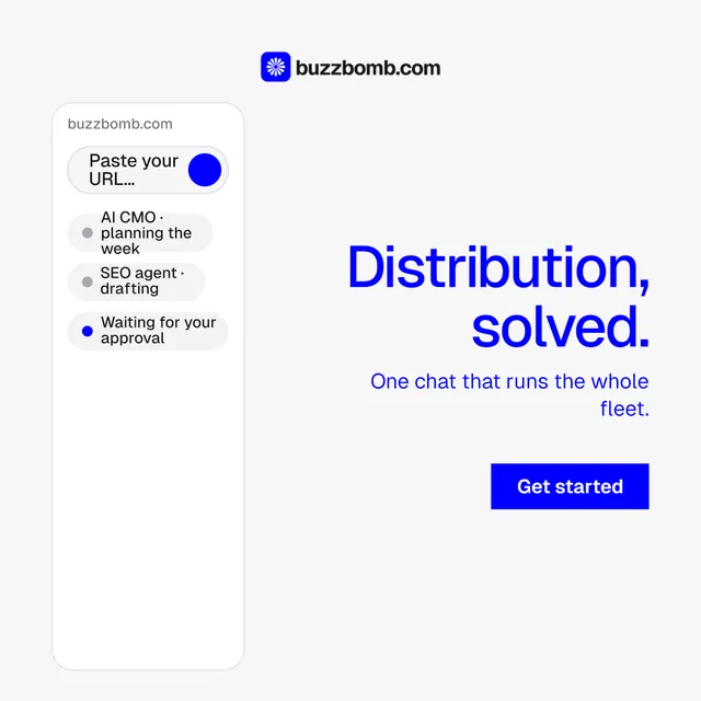 Instagram post for BuzzBomb: "Distribution, solved." Swiss style, right layout, light palette in white, blue.