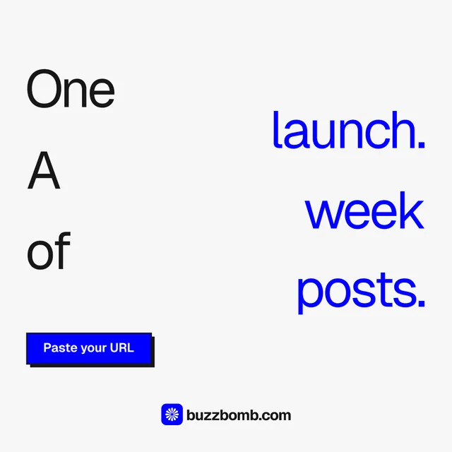 Instagram post for BuzzBomb: "One launch. A week of posts." Brutalist style, stacked layout, light palette in white, blue.
