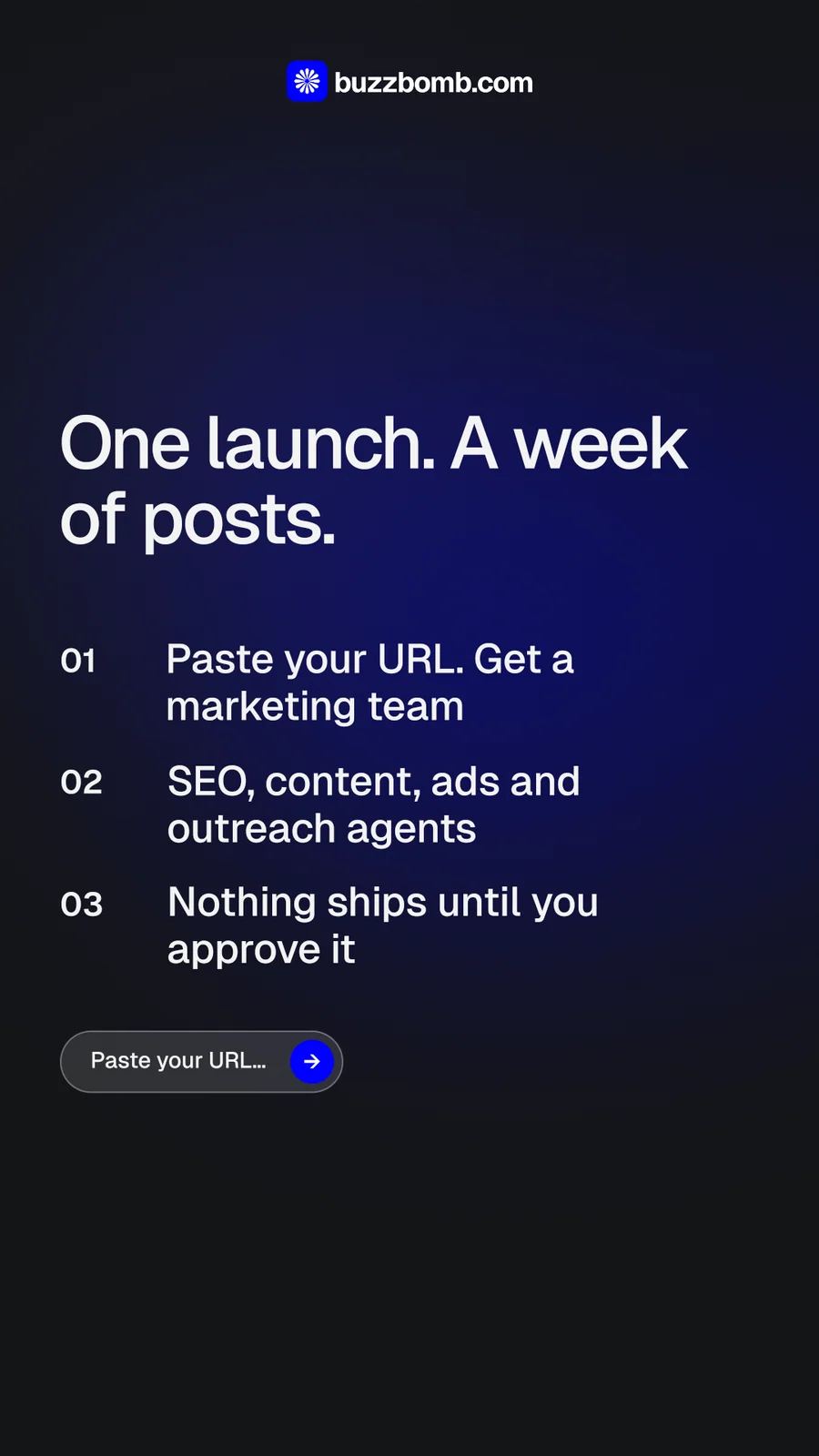 Instagram story for BuzzBomb: "One launch. A week of posts." Agentic glass style, numbered layout, dark palette in black, blue.