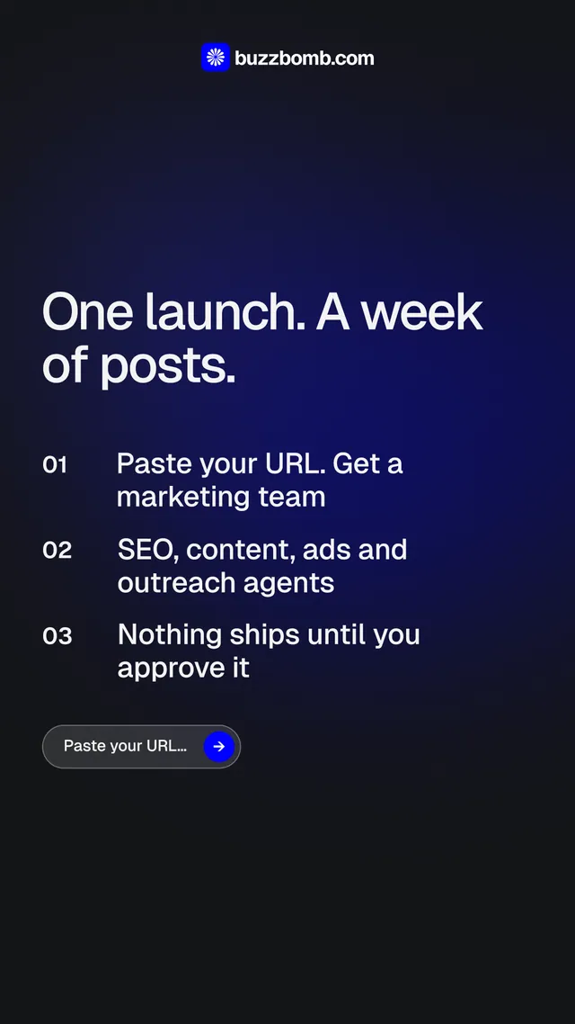 Instagram story for BuzzBomb: "One launch. A week of posts." Agentic glass style, numbered layout, dark palette in black, blue.
