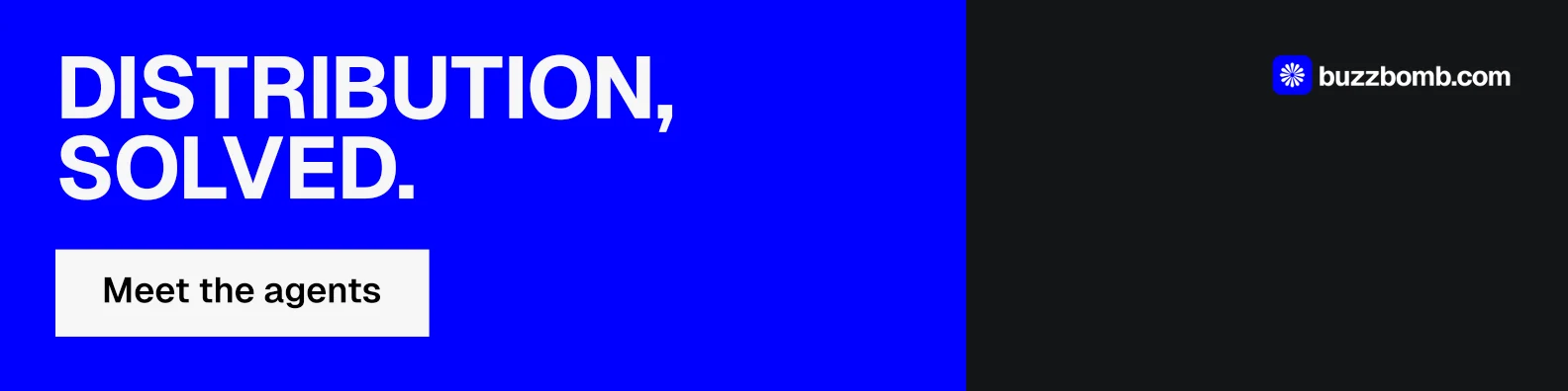 LinkedIn banner for BuzzBomb: "Distribution, solved." Split block style, skeleton layout, dark palette in blue, black.