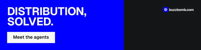 LinkedIn banner for BuzzBomb: "Distribution, solved." Split block style, skeleton layout, dark palette in blue, black.