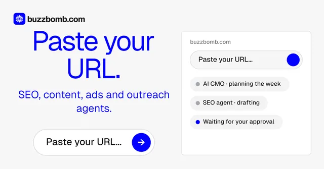 Social ad for BuzzBomb: "Paste your URL." Agentic glass style, skeleton layout, light palette in white, blue.
