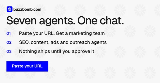 Social ad for BuzzBomb: "Seven agents. One chat." Swiss style, numbered layout, light palette in white, blue.