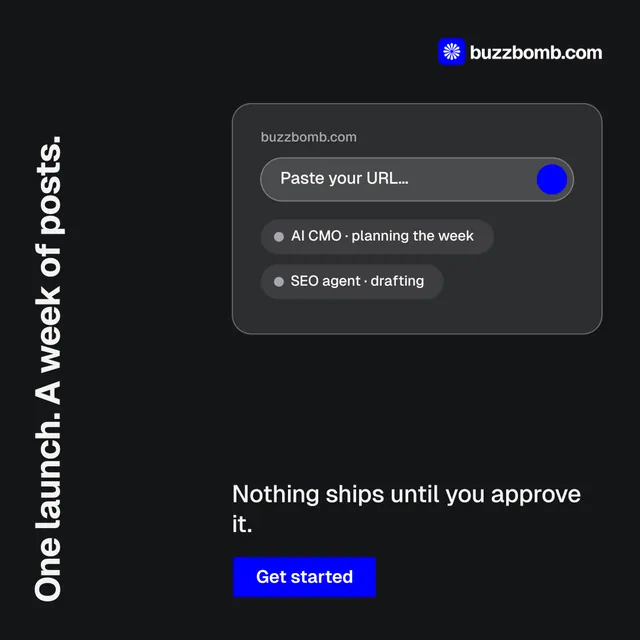 Instagram post for BuzzBomb: "One launch. A week of posts." Brutalist style, vertical layout, dark palette in black.