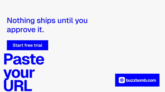 Landscape graphic for BuzzBomb: "Your AI marketing team." Swiss style, oversized layout, light palette in white, blue.