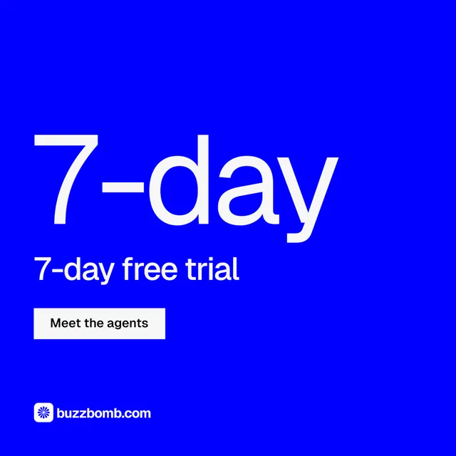 Instagram post for BuzzBomb: "Spark some growth today." Split block style, stat layout, dark palette in blue.