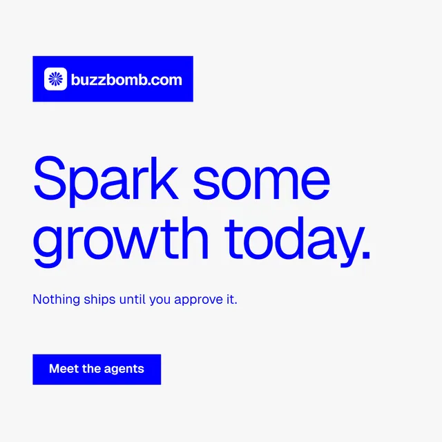 Instagram post for BuzzBomb: "Spark some growth today." Swiss style, announce layout, light palette in white, blue.