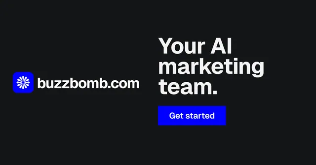 Social ad for BuzzBomb: "Your AI marketing team." Split block style, logo hero layout, dark palette in black, grey.