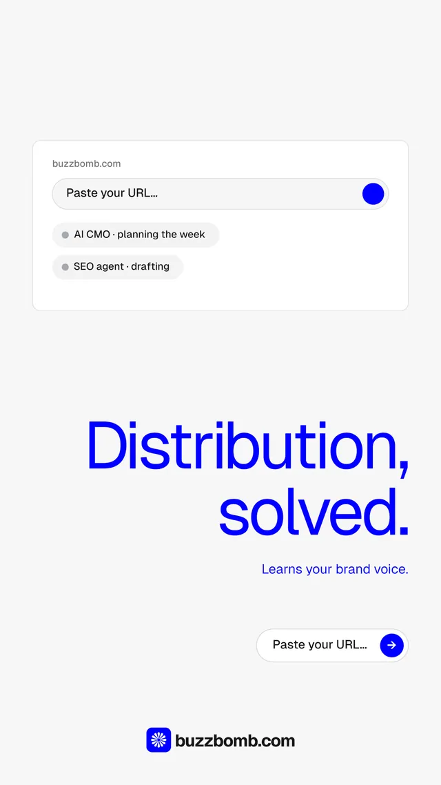 Instagram story for BuzzBomb: "Distribution, solved." Agentic glass style, right layout, light palette in white, blue.