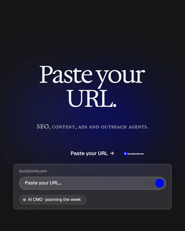 Instagram portrait post for BuzzBomb: "Paste your URL." Agentic glass style, smallcaps layout, dark palette in black, blue, grey.