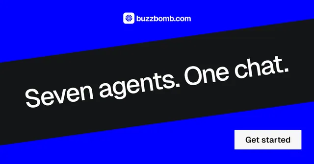 Social ad for BuzzBomb: "Seven agents. One chat." Split block style, diagonal layout, dark palette in blue, black, grey.