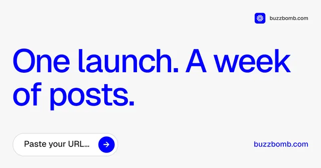 Social ad for BuzzBomb: "One launch. A week of posts." Agentic glass style, poster layout, light palette in white, blue.