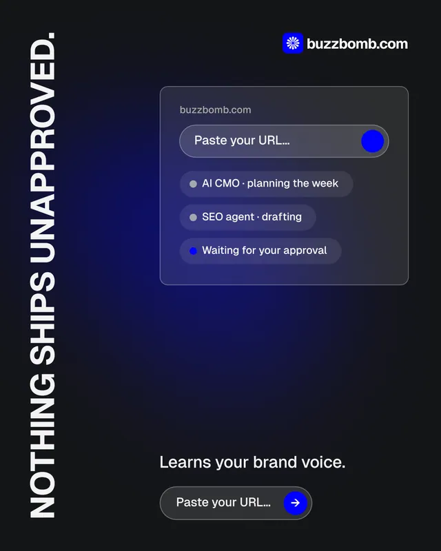 Instagram portrait post for BuzzBomb: "Nothing ships unapproved." Agentic glass style, vertical layout, dark palette in black, blue, grey.