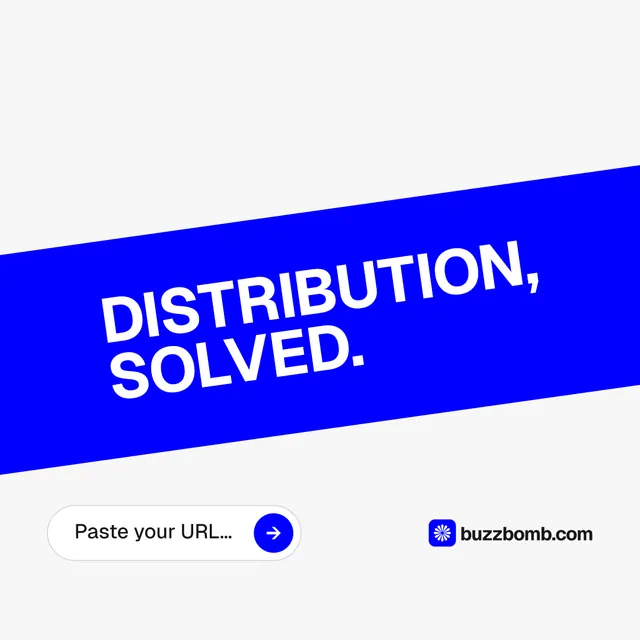 Instagram post for BuzzBomb: "Distribution, solved." Agentic glass style, diagonal layout, light palette in white, blue.