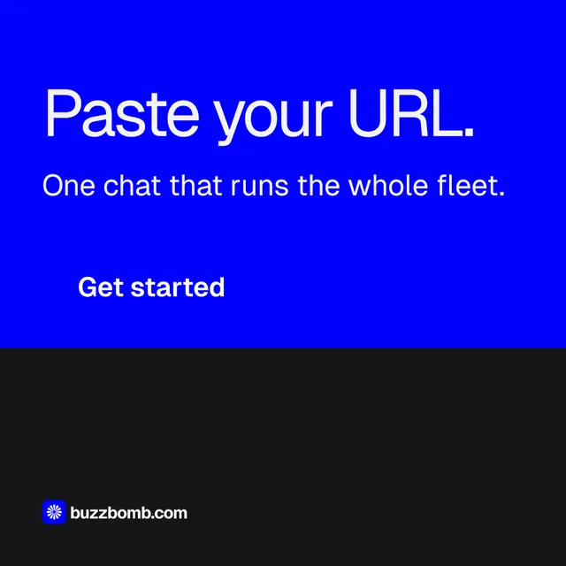 Instagram post for BuzzBomb: "Paste your URL." Split block style, skeleton layout, dark palette in blue, black.