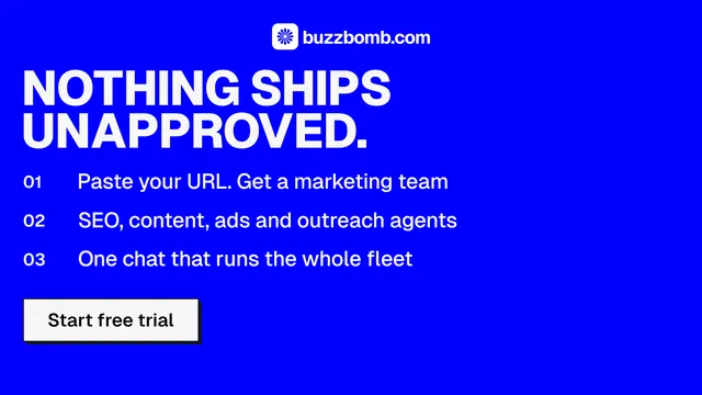 Landscape graphic for BuzzBomb: "Nothing ships unapproved." Brutalist style, numbered layout, dark palette in blue.