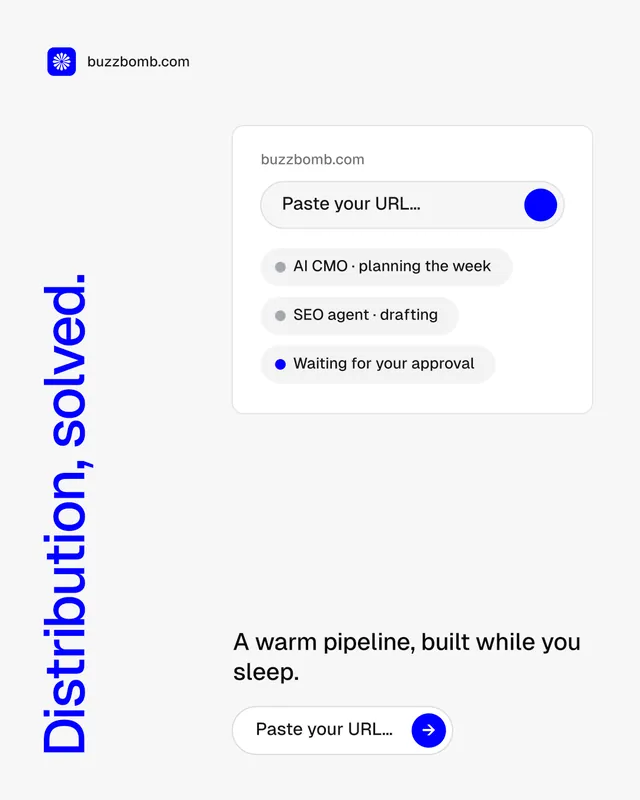 Instagram portrait post for BuzzBomb: "Distribution, solved." Agentic glass style, vertical layout, light palette in white, blue.