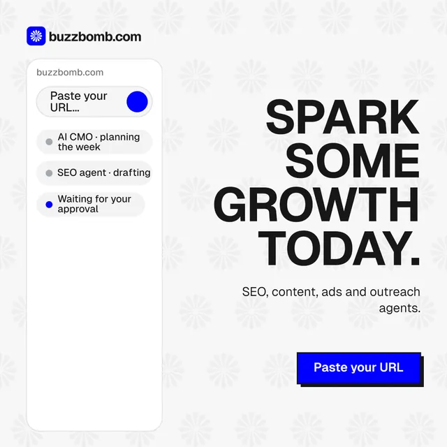 Instagram post for BuzzBomb: "Spark some growth today." Brutalist style, right layout, light palette in white, grey.