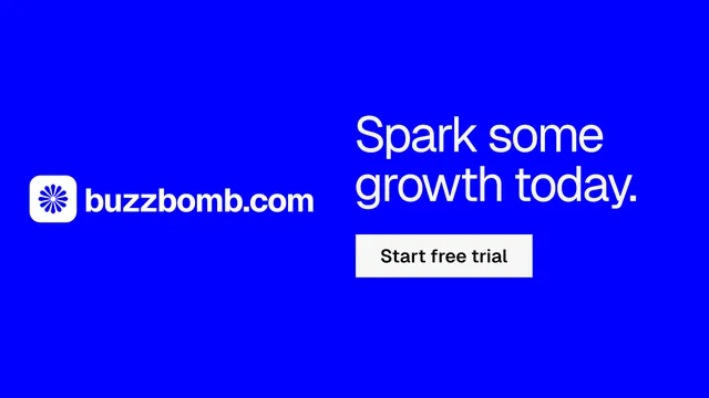 Landscape graphic for BuzzBomb: "Spark some growth today." Split block style, logo hero layout, dark palette in blue.