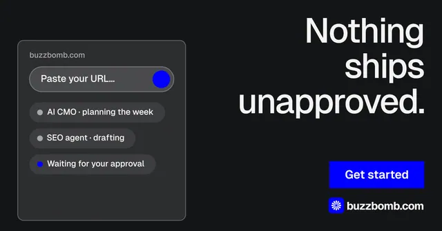 Social ad for BuzzBomb: "Nothing ships unapproved." Split block style, right layout, dark palette in black, grey.