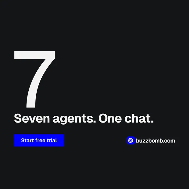 Instagram post for BuzzBomb: "Get a marketing team." Swiss style, stat layout, dark palette in black.