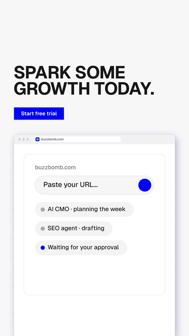 Instagram story for BuzzBomb: "Spark some growth today." Swiss style, browser layout, light palette in white.