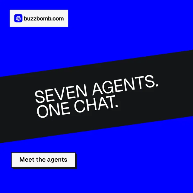 Instagram post for BuzzBomb: "Seven agents. One chat." Brutalist style, diagonal layout, dark palette in blue, black, grey.