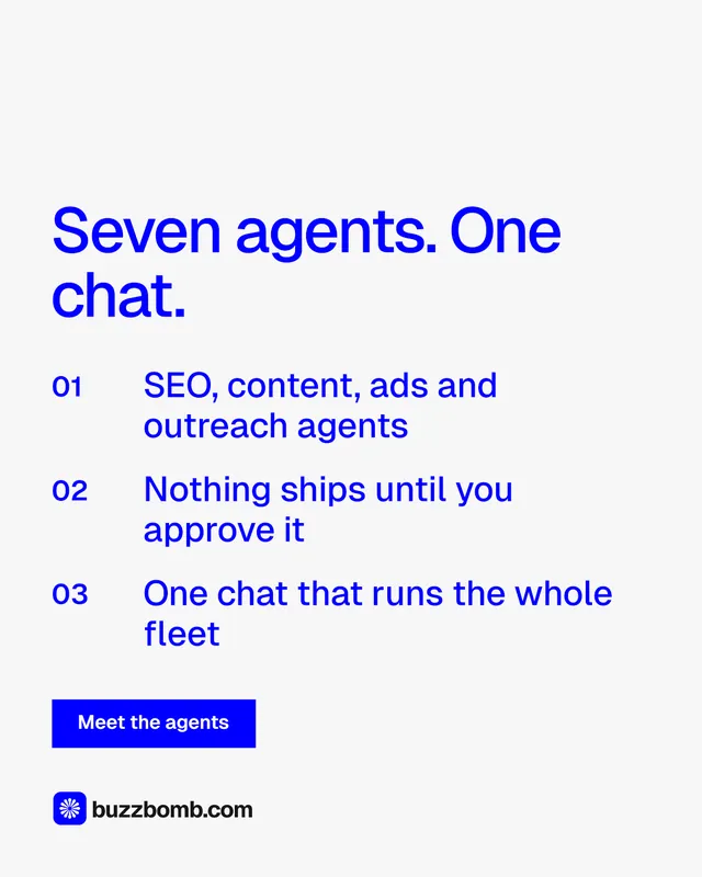 Instagram portrait post for BuzzBomb: "Seven agents. One chat." Swiss style, numbered layout, light palette in white, blue.