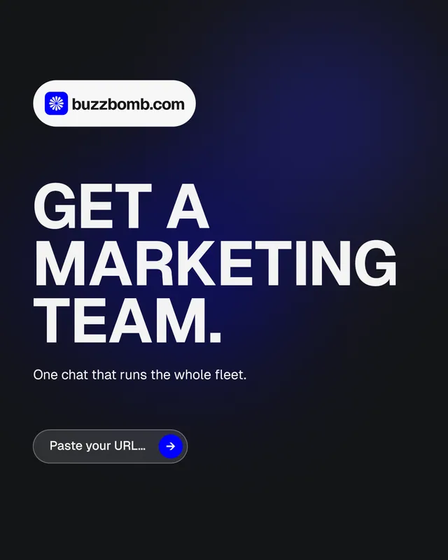 Instagram portrait post for BuzzBomb: "Get a marketing team." Agentic glass style, announce layout, dark palette in black, blue, grey.